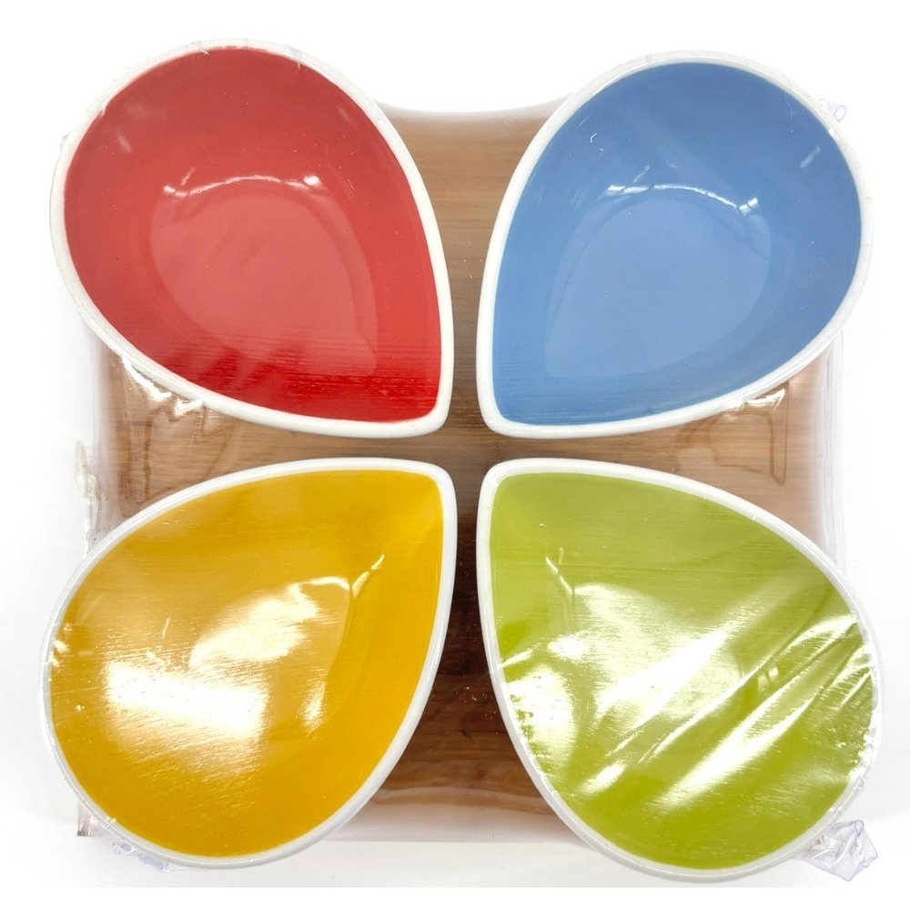 Belfort Ceramic Teardrop‎ Condiment Bowl Set w/ Bamboo Tray Colorful Modern NEW
